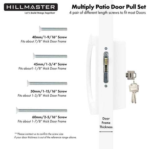 Budget Friendly Sliding Glass Door Handle Set With Mortise Lock And Key Cylinder For Replacement Fits 3-15/16 Inch Screw Hole Spacing Reversible Patio Door Hardware Die Cast White Finish with multiple screw options