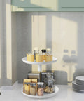 2 Tier Rotating Lazy Susan Spice Rack Organizer for Kitchen Counter Smooth 360 Spin White Storage Rotator with spices and jars.