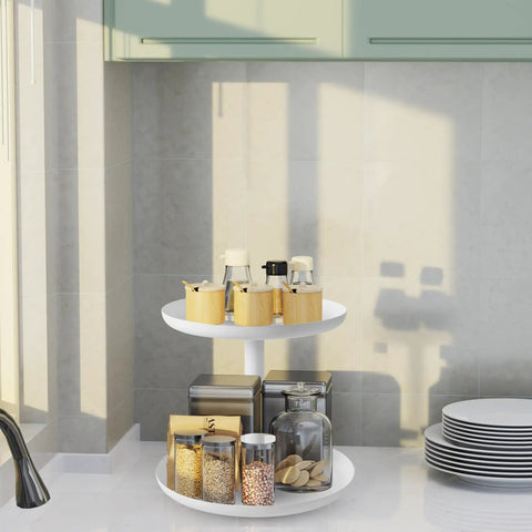 2 Tier Rotating Lazy Susan Spice Rack Organizer for Kitchen Counter Smooth 360 Spin White Storage Rotator with spices and jars.