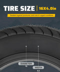Close-up of a 16x4.0 inch black tire with text, part of the 'Two Pack Fat Tire With Tube For Ebike Mountain Snow Bike Heavy Duty' kit.