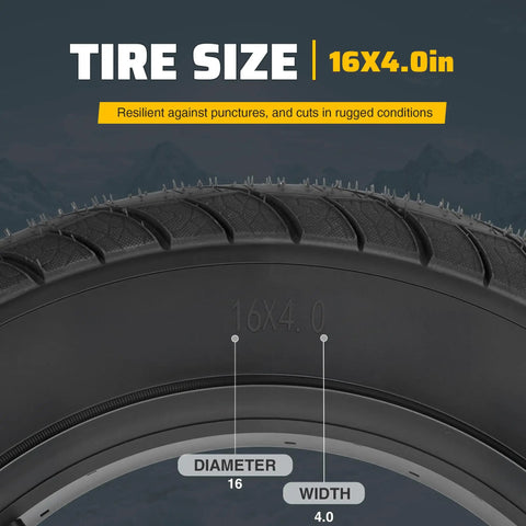 Close-up of a 16x4.0 inch black tire with text, part of the 'Two Pack Fat Tire With Tube For Ebike Mountain Snow Bike Heavy Duty' kit.