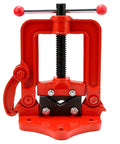 Heavy Duty Pipe Vise With Beefy Forged Steel Yoke For Plumbing Tasks Clamp On Mount holds pipes securely with red finish.