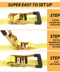 4 Pack Heavy Duty Car Trailer Tie Down Straps Set With 2 Inch By 10 Foot Ratchet Straps J Hooks setup steps graphic