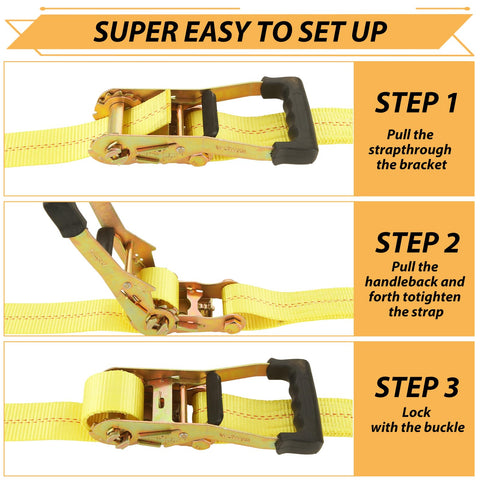 4 Pack Heavy Duty Car Trailer Tie Down Straps Set With 2 Inch By 10 Foot Ratchet Straps J Hooks setup steps graphic