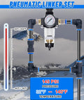 Pneumatic linker set with gauge, part of 116 Piece Quick Connect Air Fitting Kit For One Eighth To One Half Inch Lines