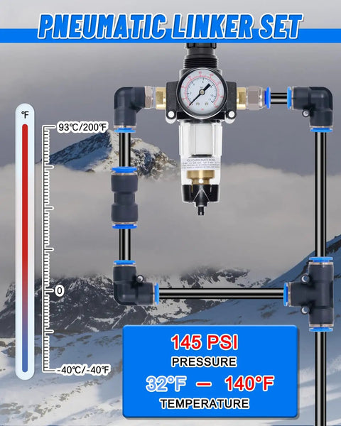 Pneumatic linker set with gauge, part of 116 Piece Quick Connect Air Fitting Kit For One Eighth To One Half Inch Lines