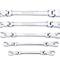 5 Piece Ratcheting Flex Head Flare Nut Wrench Set SAE arranged in ascending order, showcasing dual-size ratcheting flex heads.