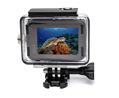 Back view of Waterproof Underwater Dive Housing Case With Bracket And Red Dive Filter For GoPro Hero 9 Through 13 Built For Action Deep Sea Protection Up To 60M 196FT Delivers Crisp Color For Snorkeling Surfing And Extreme Water Sports showing screen with turtle