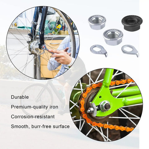 18Pcs Bike Axle Nuts And Safety Washers Kit M8 M9.5 M10 displayed with a bicycle wheel and installation demonstration