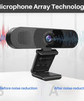 Crystal Clear 1080P HD Webcam With Four Noise Blocking Mics And Dual Built In Speakers Adjustable Wide Angle Lens with microphone array.