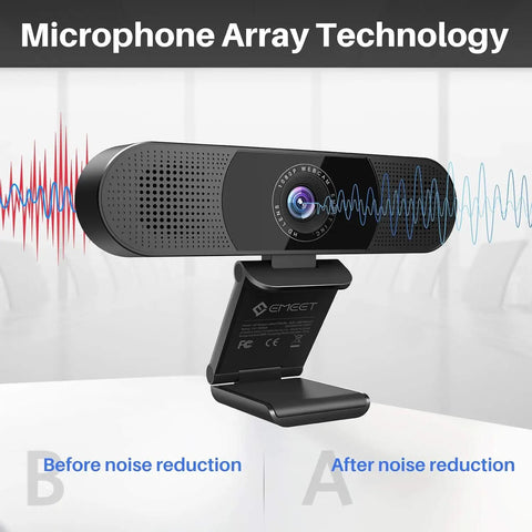 Crystal Clear 1080P HD Webcam With Four Noise Blocking Mics And Dual Built In Speakers Adjustable Wide Angle Lens with microphone array.