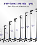 8-section extendable tripod from 14.6 to 62 inches, shown with height measurements, for 62 Inch Extendable Selfie Stick Tripod For GoPro And Osmo Pocket 3 With 360 Degree Ball Head And One Quarter Inch Screw Lightweight Portable Camera Stand For Hero 10 11 12 13 And Action Cameras.