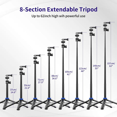 8-section extendable tripod from 14.6 to 62 inches, shown with height measurements, for 62 Inch Extendable Selfie Stick Tripod For GoPro And Osmo Pocket 3 With 360 Degree Ball Head And One Quarter Inch Screw Lightweight Portable Camera Stand For Hero 10 11 12 13 And Action Cameras.