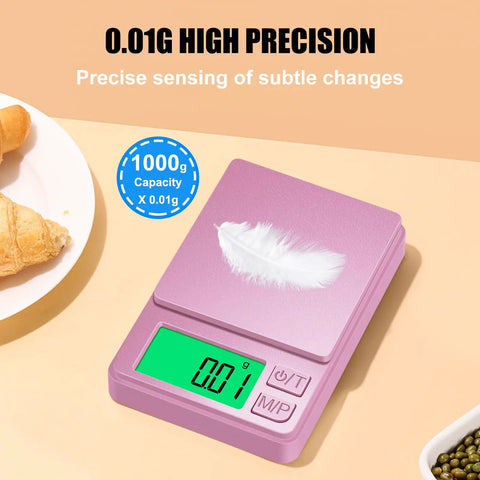 Ultra Precise 1000g Digital Pocket Gram Scale With 0.01g Accuracy displaying feather on pink surface with LCD Display