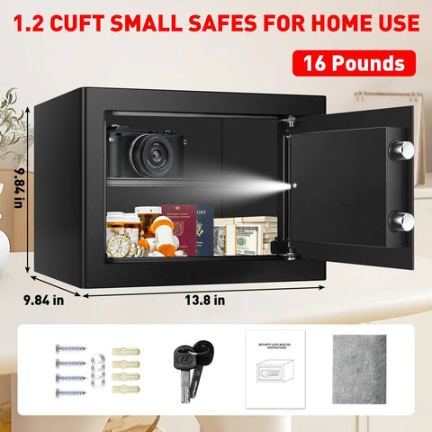 1.2 Cubic Feet Small Fire Safe Box For Home With Fireproof Build Digital Keypad Lock Spare Keys Removable Shelf A Stash Ready Personal Money Jewelry ID Documents Safe For Hidden Storage And Easy Access.