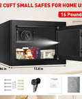 Compact Fireproof Safe For Home Use With Digital Keypad 1.2 Cu Ft Removable Shelf Stash Your Cash Jewelry Meds And Small Firearm Securely Ideal Nightstand Cabinet Hidden Safe For Valuables, open showing contents and dimensions.