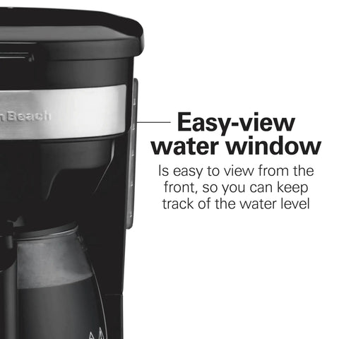 12 Cup Programmable Drip Coffee Maker With Auto Pause And Pour Glass Carafe Regular And Bold Brew Options Black With Stainless Accents showing easy-view water window.
