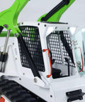 Close-up of Badass Hella Smooth Large Scale RC Hydraulic Skid Steer Loader's cabin with mesh door and lights.
