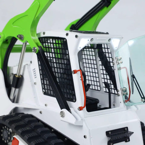 Close-up of Badass Hella Smooth Large Scale RC Hydraulic Skid Steer Loader's cabin with mesh door and lights.