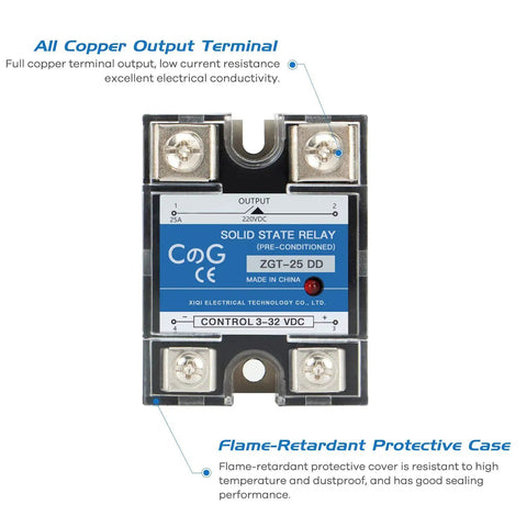 Solid State Relay SSR-25DD 25A DC To DC Control product image with copper output terminals and flame-retardant protective case.