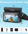 Go-To IPX8 Waterproof Fanny Pack For Women Up To 8.5 Inches Floating Phone Pouch with dimensions shown and storage icons
