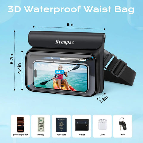 Go-To IPX8 Waterproof Fanny Pack For Women Up To 8.5 Inches Floating Phone Pouch with dimensions shown and storage icons