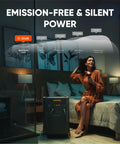 Woman using hair dryer with "Power Up Your Home With A 5040Wh LiFePO4 Solar Generator, Smart Transfer Switch Delivers 7200W Continuous Power And 14400W Surge, 120V 240V Output, Whole Home Backup, 0ms UPS, Solar Panel Optional, Built Tough For Blackouts" quietly powering bedroom.