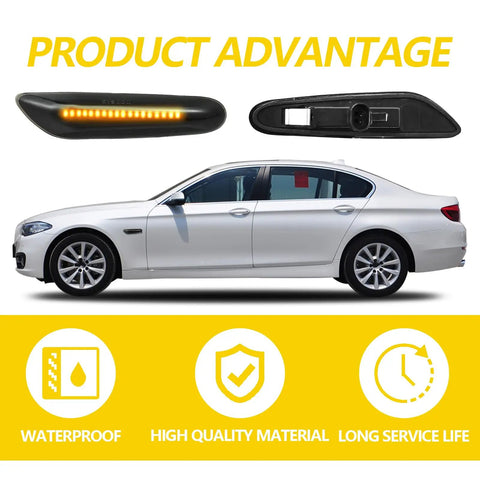 BMW Lit Sequential LED Side Marker Turn Signal Lights Amber Flowing LED Lamps on BMW 5 Series with product advantages shown