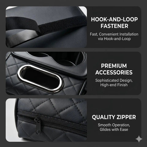 5-In-1 Universal Car Center Console Cover with hook-and-loop fastener, premium PVC leather, and quality zipper, black