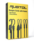 Packaging of Heavy Duty Bungee Cords With Hooks 40 Inch Flat Adjustable Rubber Black Straps With Buckle Hooks For Outdoor Camping Tarps Bike Rack Tent Truck 4 Pack Bundle on yellow background