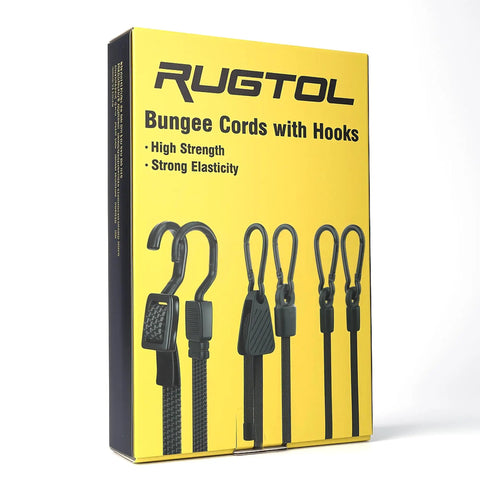 Packaging of Heavy Duty Bungee Cords With Hooks 40 Inch Flat Adjustable Rubber Black Straps With Buckle Hooks For Outdoor Camping Tarps Bike Rack Tent Truck 4 Pack Bundle on yellow background