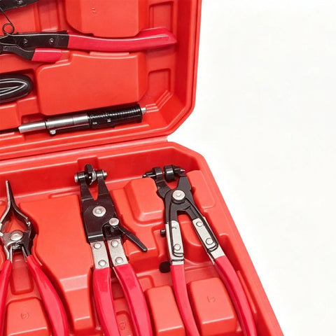 Cool Flex Hose Clamp Tool Set With 9 Piece Disconnect Wrench Kit And Multi Angle Pliers For Gripping Spring Clamps Safely Without Damaging Radiator Or Cooling Hoses On Any Car Under The Hood, red case
