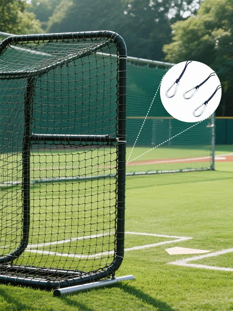 Outdoor batting cage with close-up of 25 pcs batting cage net hangers with steel carabiners and lanyards in circle inset.