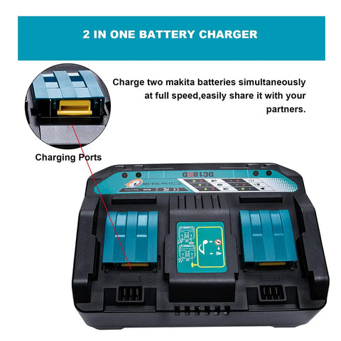Twin Ports Battery Charger DC18RD for 14.4V to 18V LXT Lithium Ion Batteries with dual charging ports detail view