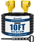 Heavy Duty 50 Amp RV Extension Cord 10 Feet NEMA 14 50P To 14 50R Copper Wire coiled with yellow plugs