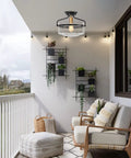 Dope Semi Flush Mount Ceiling Light illuminating a porch with modern farmhouse decor, featuring black fixture and clear glass shade.