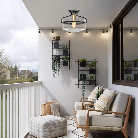 Dope Semi Flush Mount Ceiling Light illuminating a porch with modern farmhouse decor, featuring black fixture and clear glass shade.