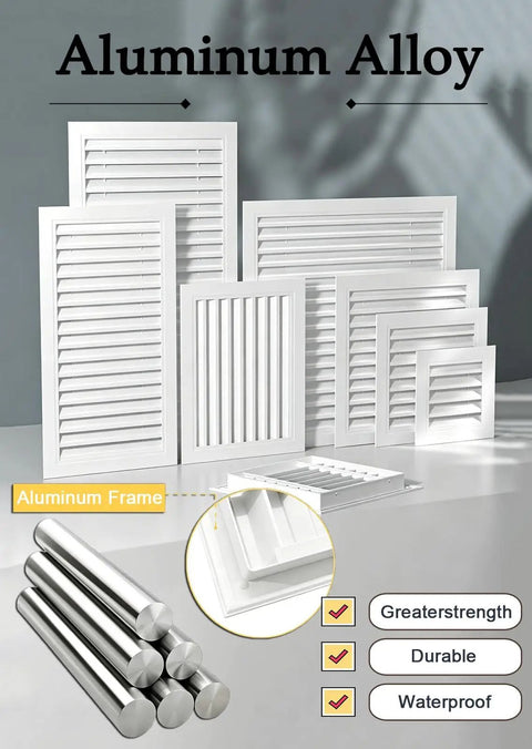 Pro Grade Linear Bar Air Grille Featuring A Removable Inspection Hatch And Slanted Louver Blades showcased in various sizes, made of aluminum.