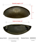 Antique Brass Cup Pulls Eight Pack With Two And A Half Inch Hole Centers Vintage Bin Style Cabinet Handles, dimensions showcased