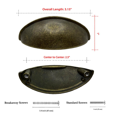 Antique Brass Cup Pulls Eight Pack With Two And A Half Inch Hole Centers Vintage Bin Style Cabinet Handles, dimensions showcased
