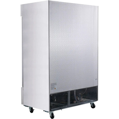 Heavy Duty Commercial Reach In Freezer With Dual Glass Doors And Rock Solid Stainless Build For Top Shelf Cold Storage And Easy Setup At Forty Seven Cubic Feet Capacity, stainless steel exterior.