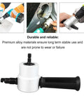 Close-up of dual head sheet metal cutter nibbler drill attachment with alloy body and adjustable cutting direction.