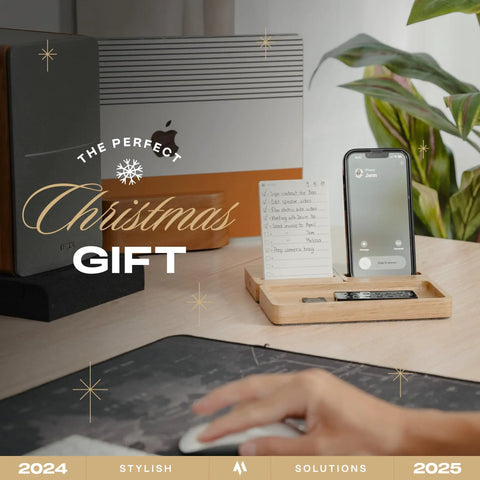 Modular Desk Organizer Tray Set In Solid Oak Wood With Felt Lining, holding a phone and note on a home office desk.