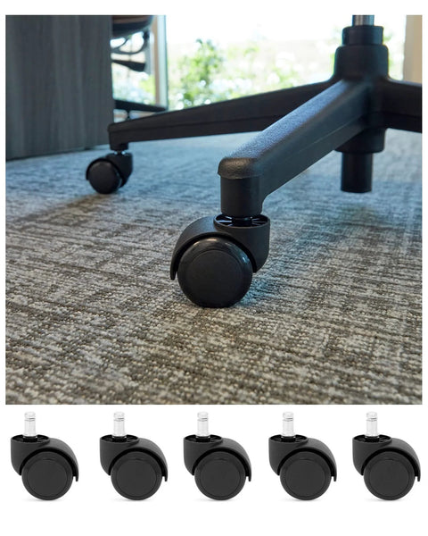 Close-up of black 2-inch office chair caster wheel; replacement 5-pack for hardwood floors and carpet