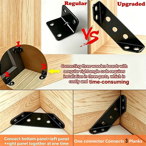 Comparison of Tough As Nails Black Stainless Steel Corner Braces For Wood Lock Tight L Brackets demonstrating simpler installation.