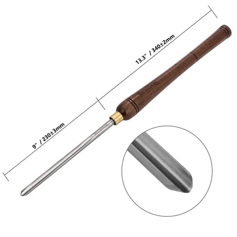 Three Eighths Inch HSS Bowl Gouge Lathe Chisel Set With 9 Inch High Speed Steel Blades, Thirteen Point Three Inch Teak Wood Handle, close-up view