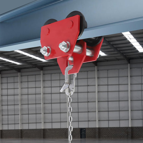 2 Ton Manual I Beam Trolley With Track Rollers Adjustable Beam Width Three Point Five Four Inches To Five Point Five One Inches Heavy Duty Four Four Zero Nine Lbs Load Capacity Sliding Hoist Trolley For Warehouse And Construction installed on beam