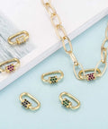 Mixed Color Micro Pave Cubic Zirconia Carabiner Lock Charms, Oval Clasp, Screw Locking Carabiners, 19x12mm, Necklace Display