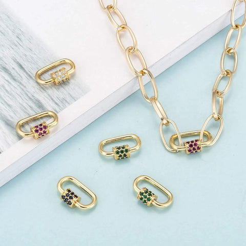 Mixed Color Micro Pave Cubic Zirconia Carabiner Lock Charms, Oval Clasp, Screw Locking Carabiners, 19x12mm, Necklace Display