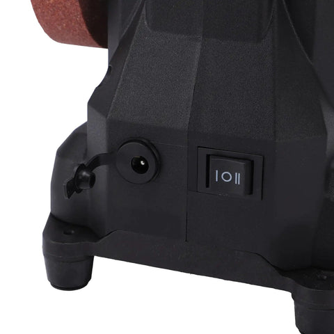LiebeWH Cordless Mini Bench Sander Polisher 6 Gear Grinding Machine with on/off switch and power port close-up detail.